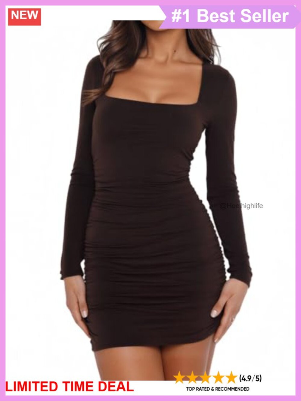 Square Neck Long Sleeve Ruched Bodycon Mini Dress Party Club